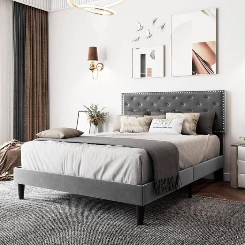 Custom Decor Fabric Upholstered King Size Bed with Button Tufted Headboard for Bedroom || Solid Wood Bed | (Grey Kylian, King (U.K. Standard))