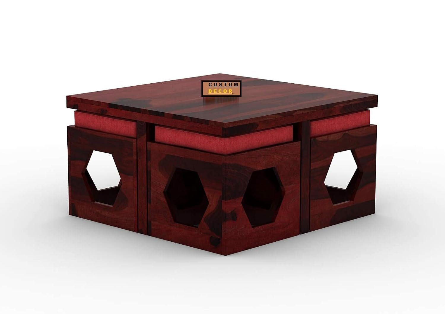 61AXbemoFFL._SL1500_ Custom Decor Wooden Coffee Table with 4 Stools for Living Room | Mahogany Finish with Cushion (Design 1, Red) - Image 4