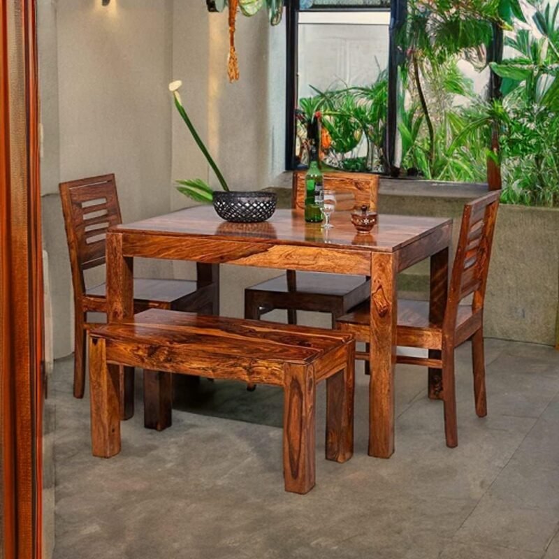 Custom Decor Carlsbade Solid Sheesham Wood 4 Seater Dining Table Set | with 3 Chairs and 1 Bench - Honey Teak Brown