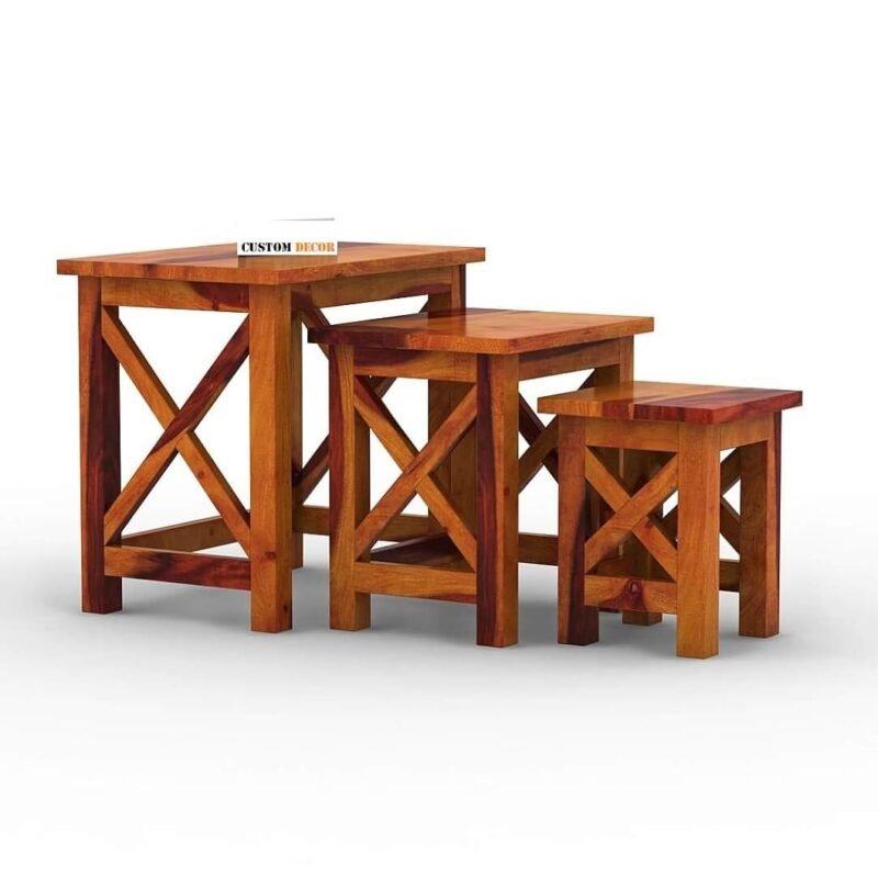 Custom Decor Sheesham Wood Nesting Table Set of 3 Stools for Home - Honey Finish