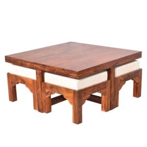 Custom Decor Wooden Coffee Table with 4 Stools for Living Room | Glossy Polish Teak Finish, with Cushion
