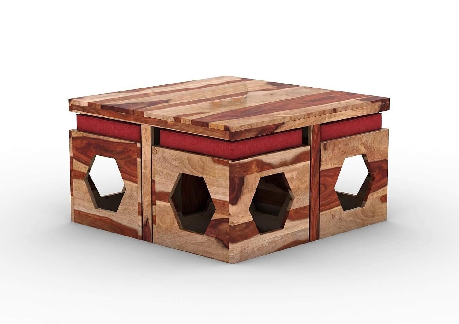 61KTpd6PN-L._SL1500_ Custom Decor Wooden Coffee Table with 4 Stools for Living Room | Natural Finish, with Cushion (Design 4, Red) - Image 2