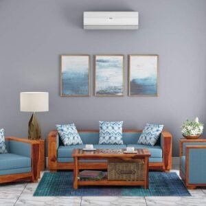Custom Decor Solid Sheesham Wood Sofa Set | Wooden Sofa Set | Living Room Furniture (3+1+1, Brown)- Honey Finish Blue Fabric