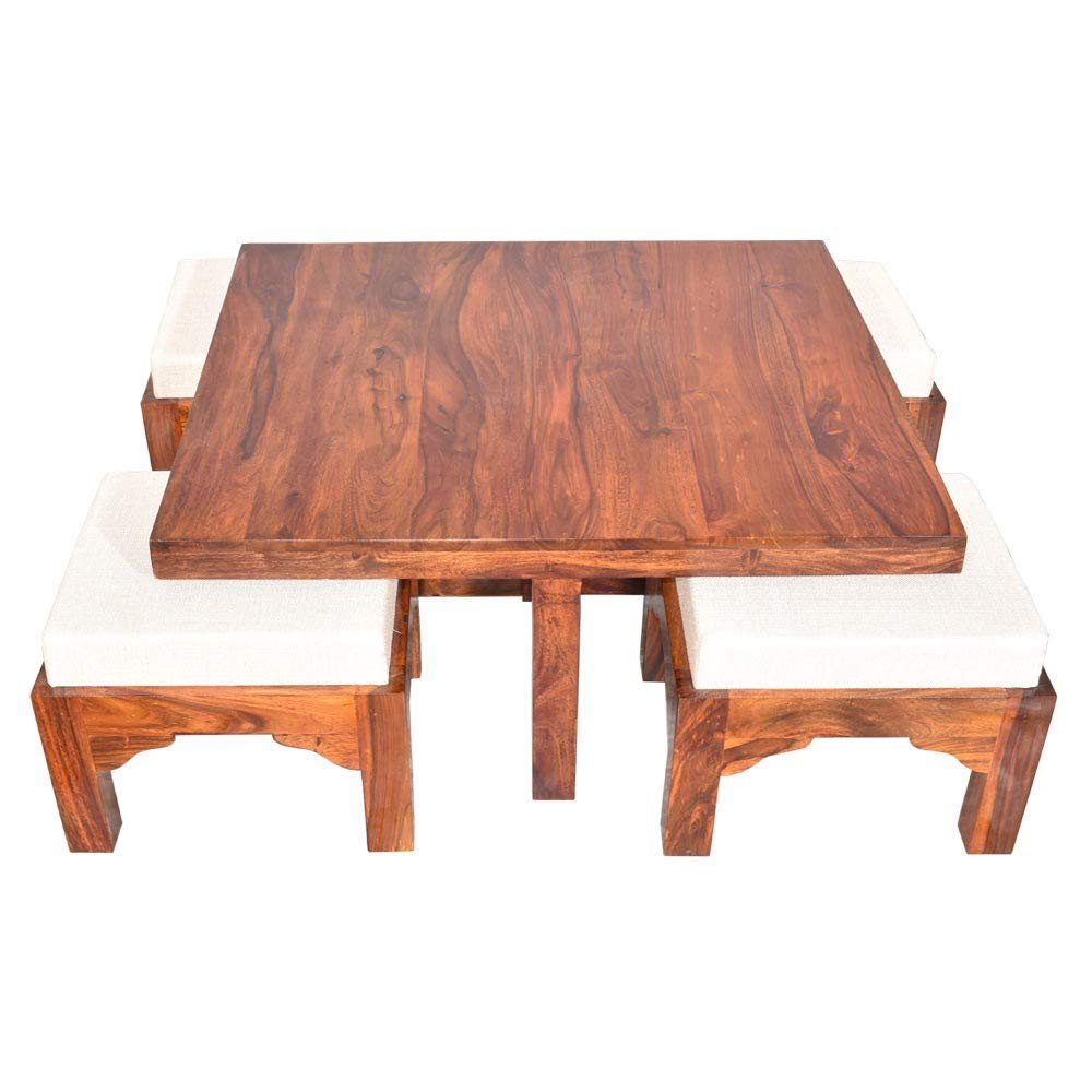 61Lyy9QakGL._SL1000_ Custom Decor Wooden Coffee Table with 4 Stools for Living Room | Glossy Polish Teak Finish, with Cushion - Image 5