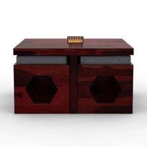 Custom Decor Wooden Coffee Table with 4 Stools for Living Room | Mahogany Finish with Cushion (Design 3, Grey)