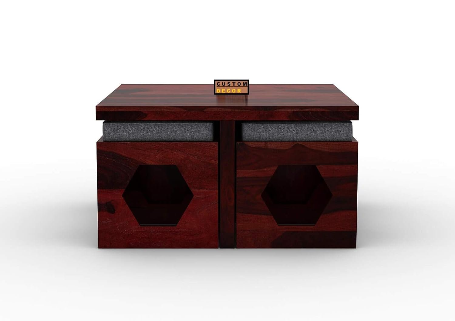 61Oi4SgdADL._SL1500_ Custom Decor Wooden Coffee Table with 4 Stools for Living Room | Mahogany Finish with Cushion (Design 3, Grey)