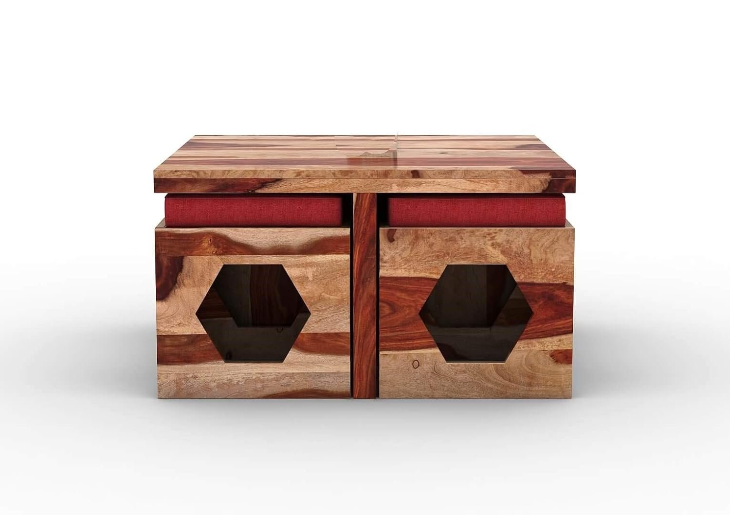 61QrgwLNyhL._SL1500_ Custom Decor Wooden Coffee Table with 4 Stools for Living Room | Natural Finish, with Cushion (Design 4, Red) - Image 4