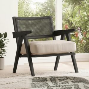 Custom Decor Rattan Teak Wood Accent Arm Chair for Home Bedroom | Living | Dining & Drawing Room Ultra Soft and Comfortable for Stress Free | Natural Cane | Removable Cushion (Walnut)