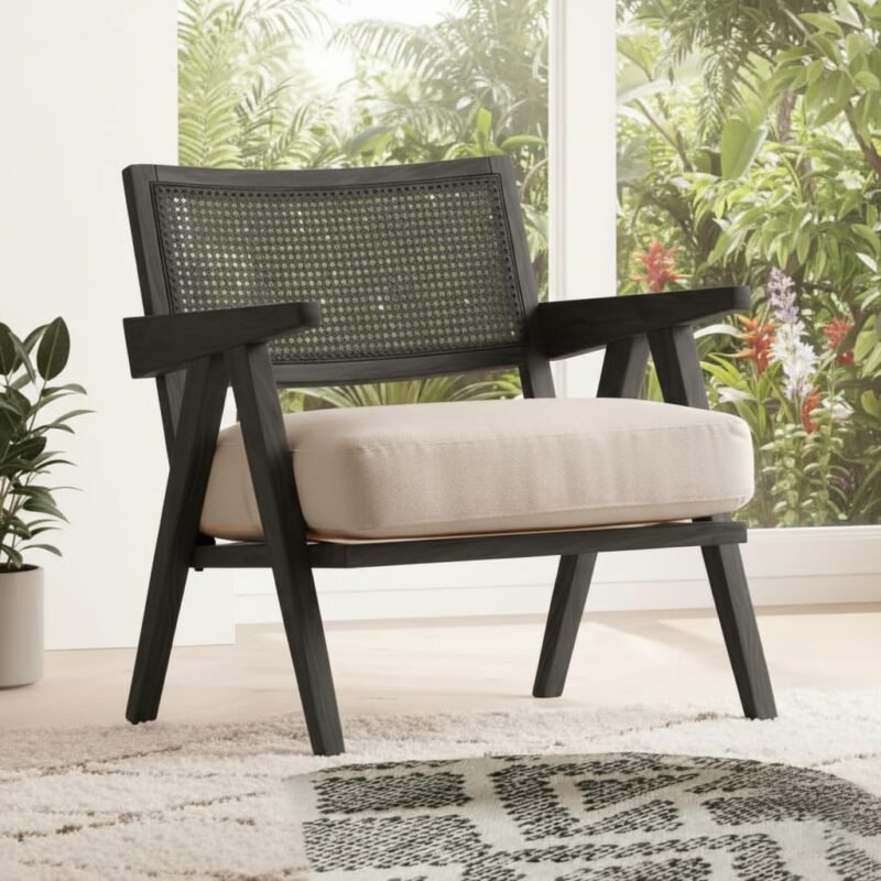 Custom Decor Rattan Teak Wood Accent Arm Chair for Home Bedroom | Living | Dining & Drawing Room Ultra Soft and Comfortable for Stress Free | Natural Cane | Removable Cushion (Walnut)