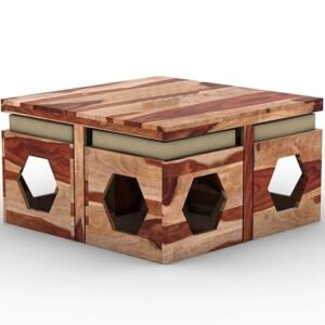 Custom Decor Wooden Coffee Table with 4 Stools for Living Room | Natural Finish, with Cushion (Design 1, Ivory)