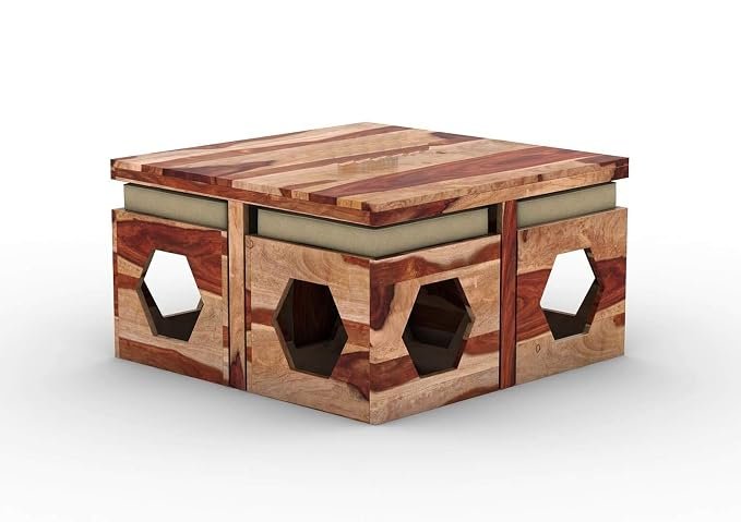 61VjU94xxFL._SX679_ Custom Decor Wooden Coffee Table with 4 Stools for Living Room | Natural Finish, with Cushion (Design 1, Ivory)