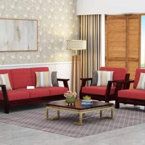 Custom Decor Solid Sheesham Wood Sofa Set | Wooden Sofa Set | Living Room Furniture (3+1+1, Brown)- Walnut Finish Red Fabric