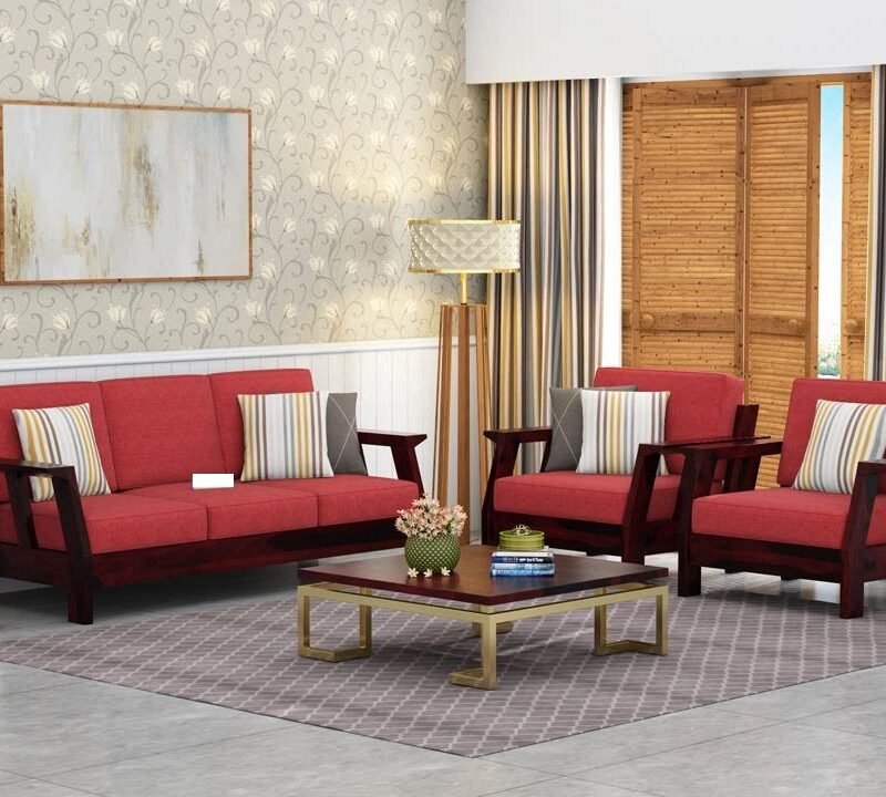 Custom Decor Solid Sheesham Wood Sofa Set | Wooden Sofa Set | Living Room Furniture (3+1+1, Brown)- Walnut Finish Red Fabric