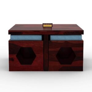 Custom Decor Wooden Coffee Table with 4 Stools for Living Room | Mahogany Finish with Cushion (Design 4, Blue)