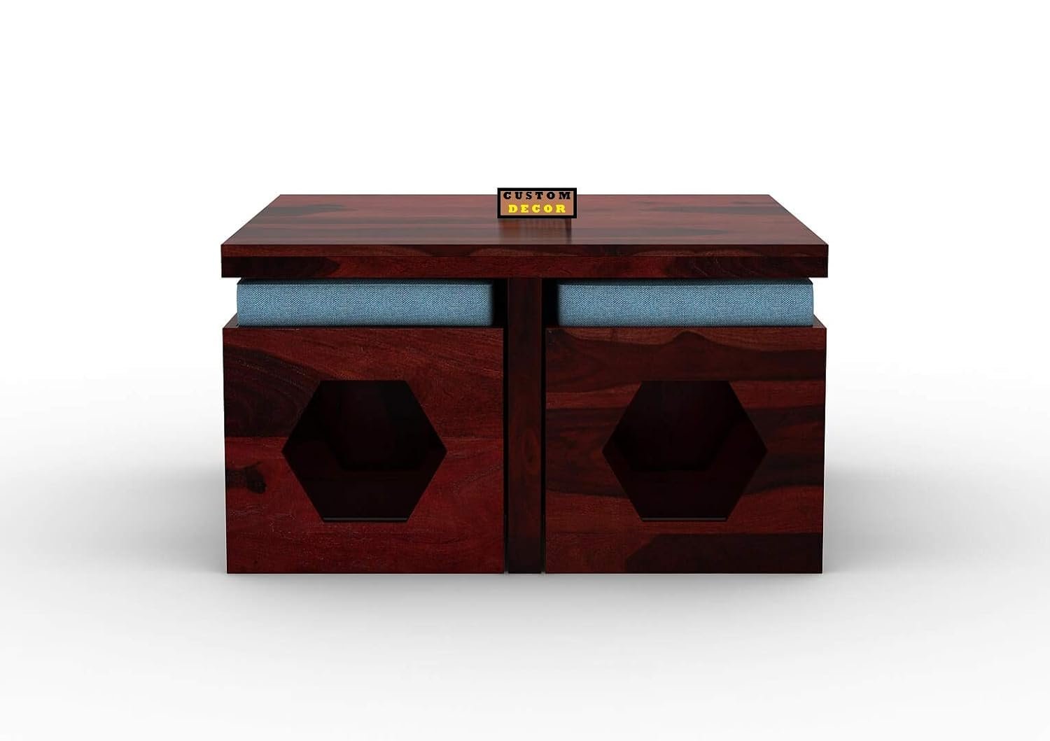 61Wv27z83vL._SL1500_ Custom Decor Wooden Coffee Table with 4 Stools for Living Room | Mahogany Finish with Cushion (Design 4, Blue)