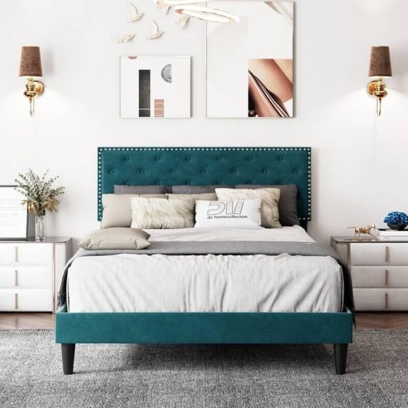 Custom Decor Fabric Upholstered King Size Bed with Button Tufted Headboard for Bedroom || Solid Wood Bed | (Green Oliver, King (U.K. Standard))