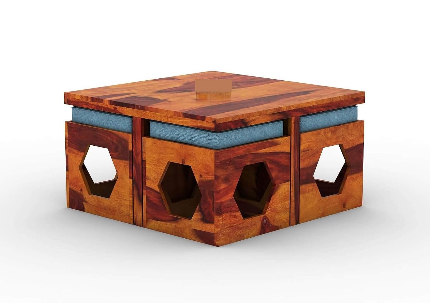 61ZYWdKszJL._SL1500_ Custom Decor Wooden Coffee Table with 4 Stools for Living Room | Honey Finish, with Cushion (Design 1, Blue) - Image 5