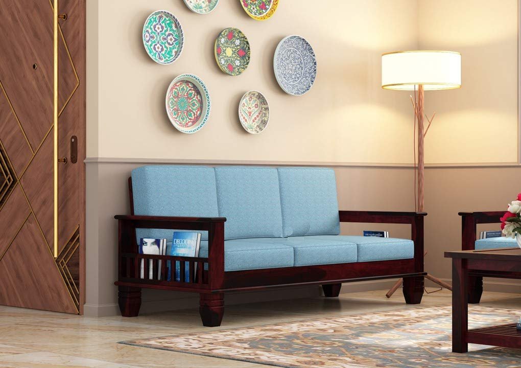 61b0HcKCh6L._SL1020_ Custom Decor Sheesham Wood 3+1+1 Seater Sofa Set for Living Room | 5 Seater | Walnut Finish | Blue Fabric | Contemporary Style - Image 5