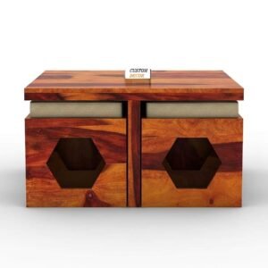 Custom Decor Wooden Coffee Table with 4 Stools for Living Room | Honey Finish, with Cushion (Design 2, Ivory)