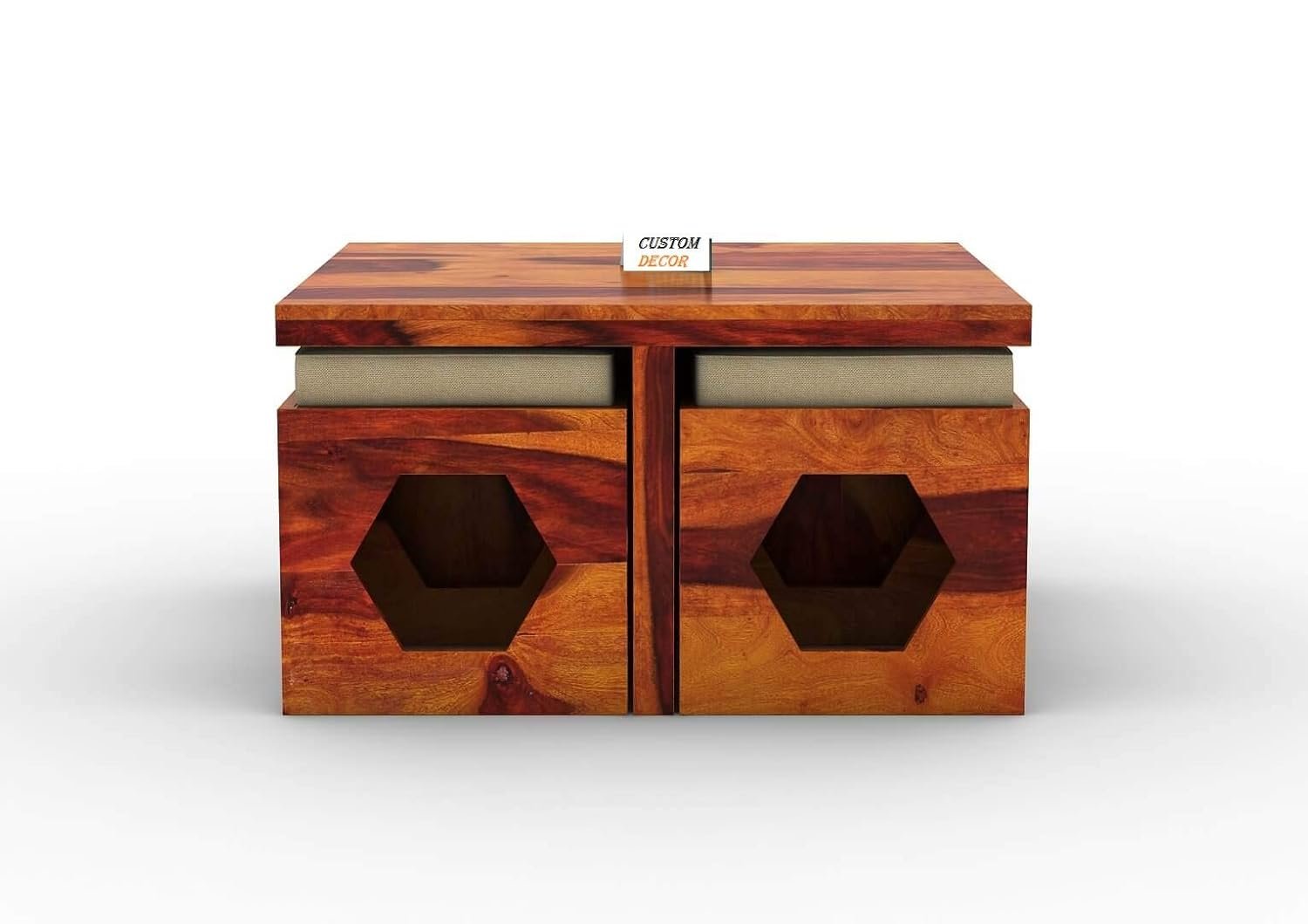 61bqgN96aNL._SL1500_ Custom Decor Wooden Coffee Table with 4 Stools for Living Room | Honey Finish, with Cushion (Design 2, Ivory)