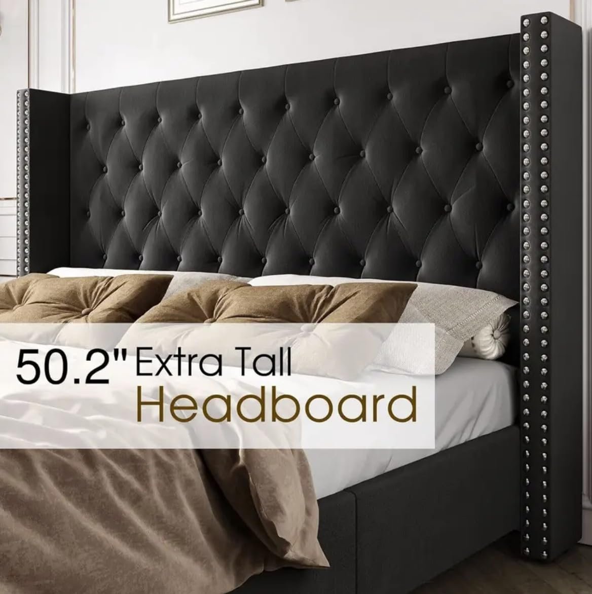 61cTY90VctL._SL1172_ Custom Decor Fabric Upholstered King Size Bed with Button Tufted Headboard for Bedroom || Solid Wood Bed | (Black Waylen, King (U.K. Standard)) - Image 7