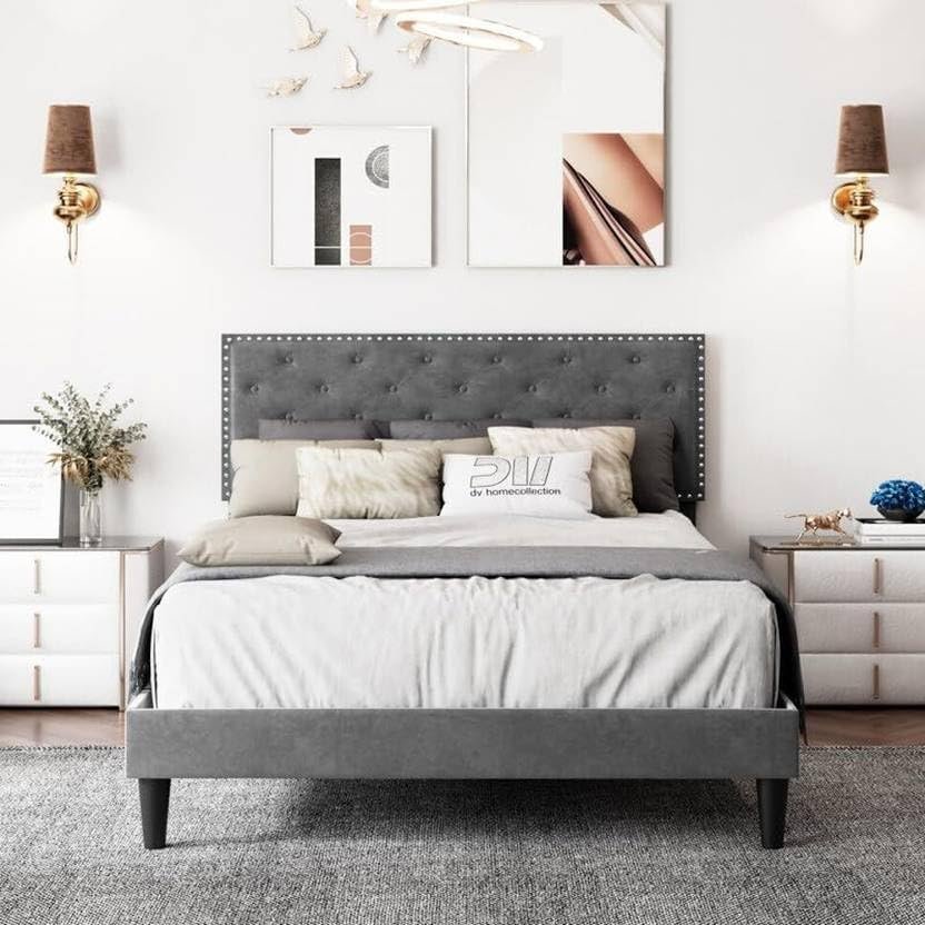 61dFTSD2S8L Custom Decor Fabric Upholstered King Size Bed with Button Tufted Headboard for Bedroom || Solid Wood Bed | (Grey Kylian, King (U.K. Standard)) - Image 7