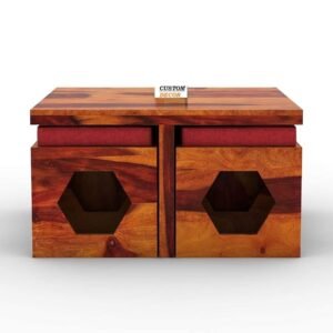 CUSTOM DECOR Wooden Coffee Table with 4 Stools for Living Room | Honey Finish, with Cushion