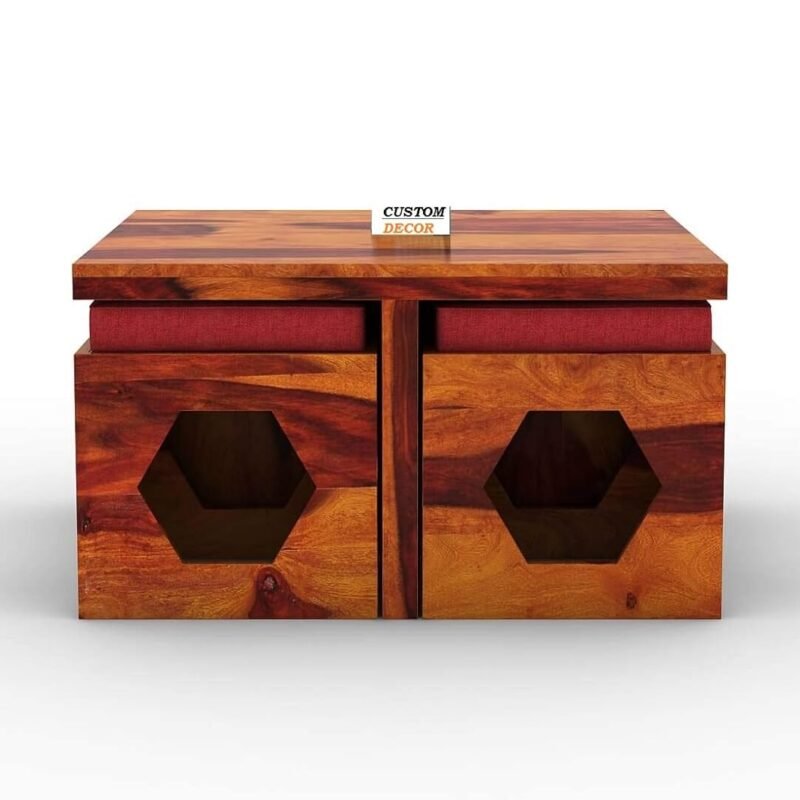 CUSTOM DECOR Wooden Coffee Table with 4 Stools for Living Room | Honey Finish, with Cushion
