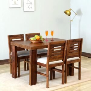Custom Decor Solid Sheesham Wood Four Seater Dining Table Set with 4 White Colour Cushion Chairs for Dining Room Living Room Home (4 Seater, Urban-N)