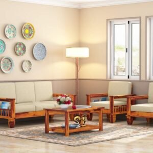 Custom Decor Solid Sheesham Wood Sofa Set | Wooden Sofa Set for Living Room Furniture (3+1+1, Brown)- Teak Finish Ivory Fabric