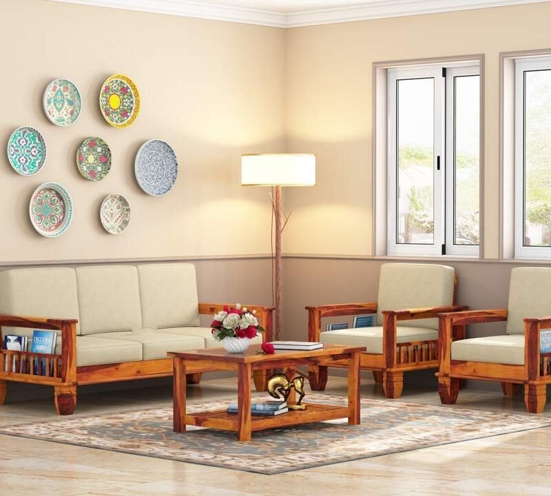 Custom Decor Solid Sheesham Wood Sofa Set | Wooden Sofa Set for Living Room Furniture (3+1+1, Brown)- Teak Finish Ivory Fabric
