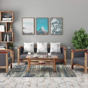 CUSTOM DECOR Solid Sheesham Wood Sofa Set | Wooden Sofa Set | Living Room Furniture (3+1+1, Brown)- Natural Finish Grey Fabric