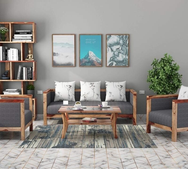 CUSTOM DECOR Solid Sheesham Wood Sofa Set | Wooden Sofa Set | Living Room Furniture (3+1+1, Brown)- Natural Finish Grey Fabric