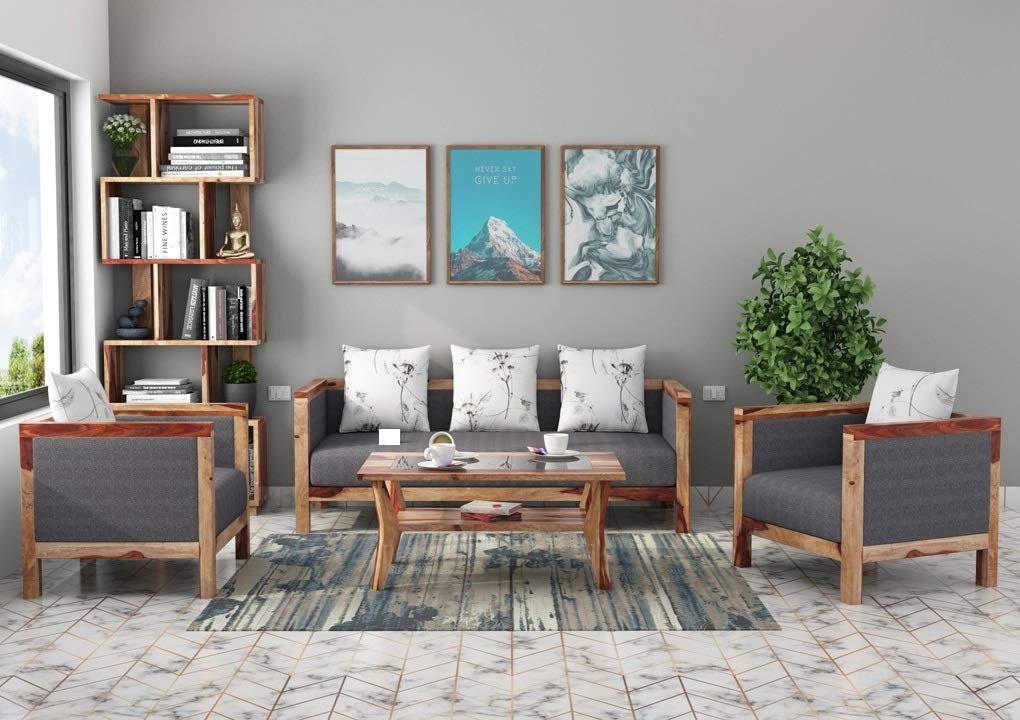 61egWxB2GyL._SL1020_ CUSTOM DECOR Solid Sheesham Wood Sofa Set | Wooden Sofa Set | Living Room Furniture (3+1+1, Brown)- Natural Finish Grey Fabric
