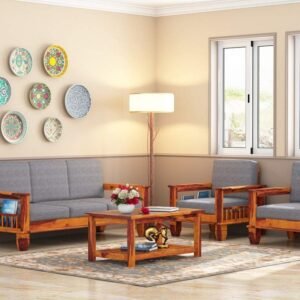 Custom Decor Sheesham Wood 3+1+1 Seater Sofa Set for Living Room | Honey Finish Grey Fabric