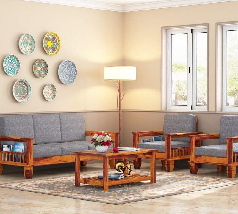 Custom Decor Sheesham Wood 3+1+1 Seater Sofa Set for Living Room | Honey Finish Grey Fabric