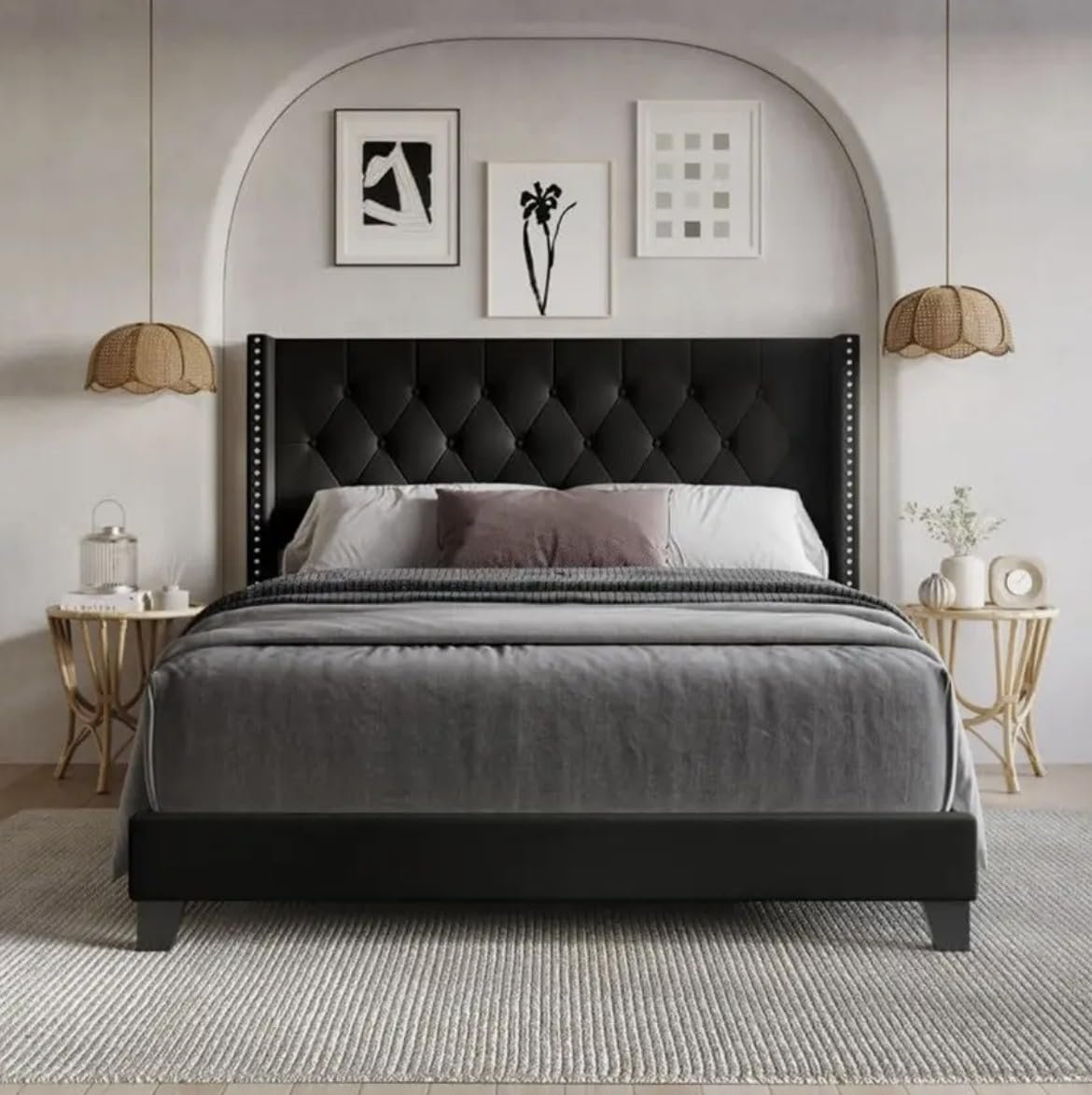61h0OaCt68L._SL1173_ Custom Decor Fabric Upholstered King Size Bed with Button Tufted Headboard for Bedroom || Solid Wood Bed | (Black Waylen, King (U.K. Standard)) - Image 5