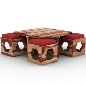 Custom Decor Wooden Coffee Table with 4 Stools for Living Room | Natural Finish, with Cushion (Design 4, Red)