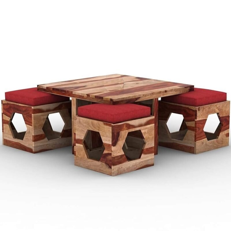 Custom Decor Wooden Coffee Table with 4 Stools for Living Room | Natural Finish, with Cushion (Design 4, Red)