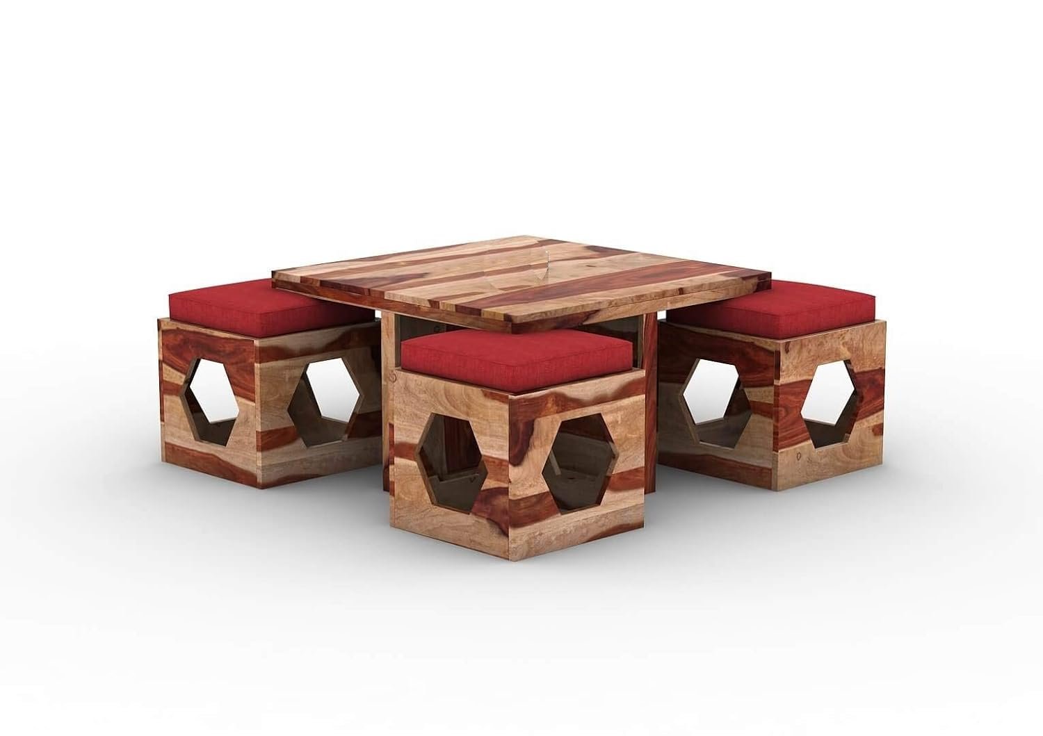 61hVkUwbJoL._SL1500_ Custom Decor Wooden Coffee Table with 4 Stools for Living Room | Natural Finish, with Cushion (Design 4, Red)
