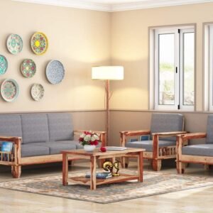 Custom Decor Sheesham Wood 3+1+1 Seater Sofa Set for Living Room | Natural Finish Grey Cushion