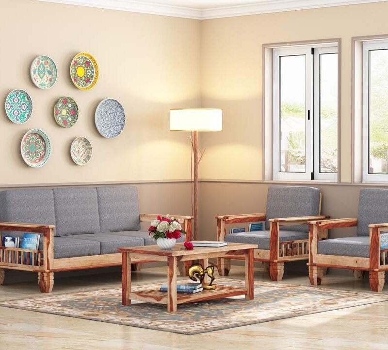 Custom Decor Sheesham Wood 3+1+1 Seater Sofa Set for Living Room | Natural Finish Grey Cushion