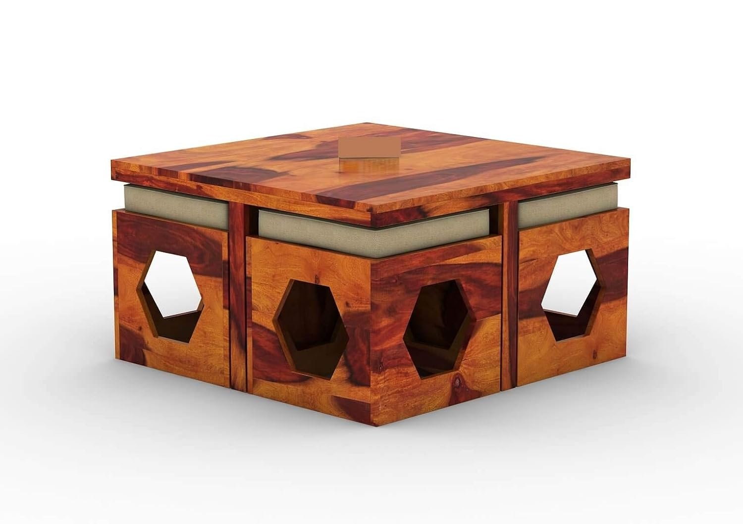 61i8MmEwUJL._SL1500_ Custom Decor Wooden Coffee Table with 4 Stools for Living Room | Honey Finish, with Cushion (Design 2, Ivory) - Image 4