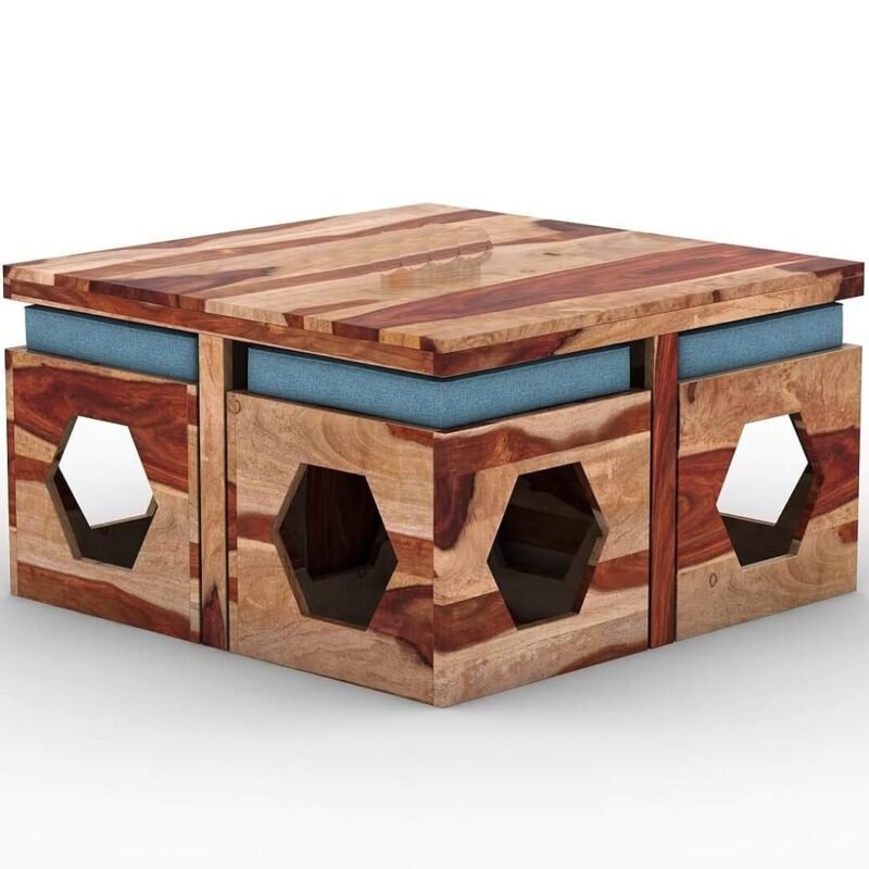 Custom Decor Wooden Coffee Table with 4 Stools for Living Room | Natural Finish, with Cushion (Design 2, Blue)