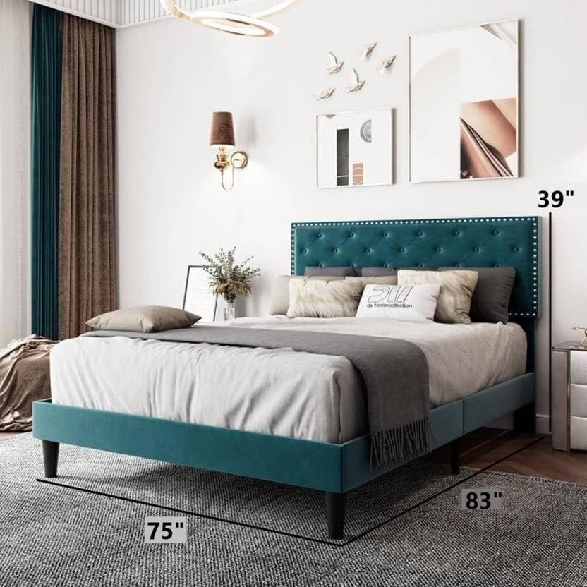 61jnkHUhb7L Custom Decor Fabric Upholstered King Size Bed with Button Tufted Headboard for Bedroom || Solid Wood Bed | (Green Oliver, King (U.K. Standard)) - Image 4