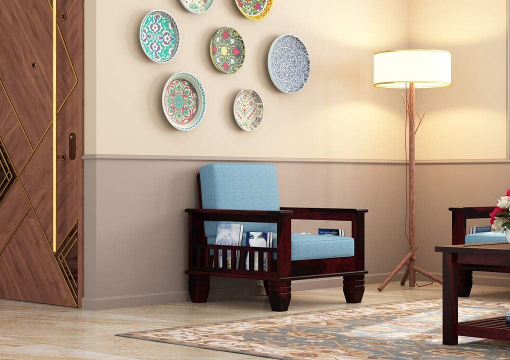 61l4xbA-McL._SL1020_ Custom Decor Sheesham Wood 3+1+1 Seater Sofa Set for Living Room | 5 Seater | Walnut Finish | Blue Fabric | Contemporary Style - Image 10