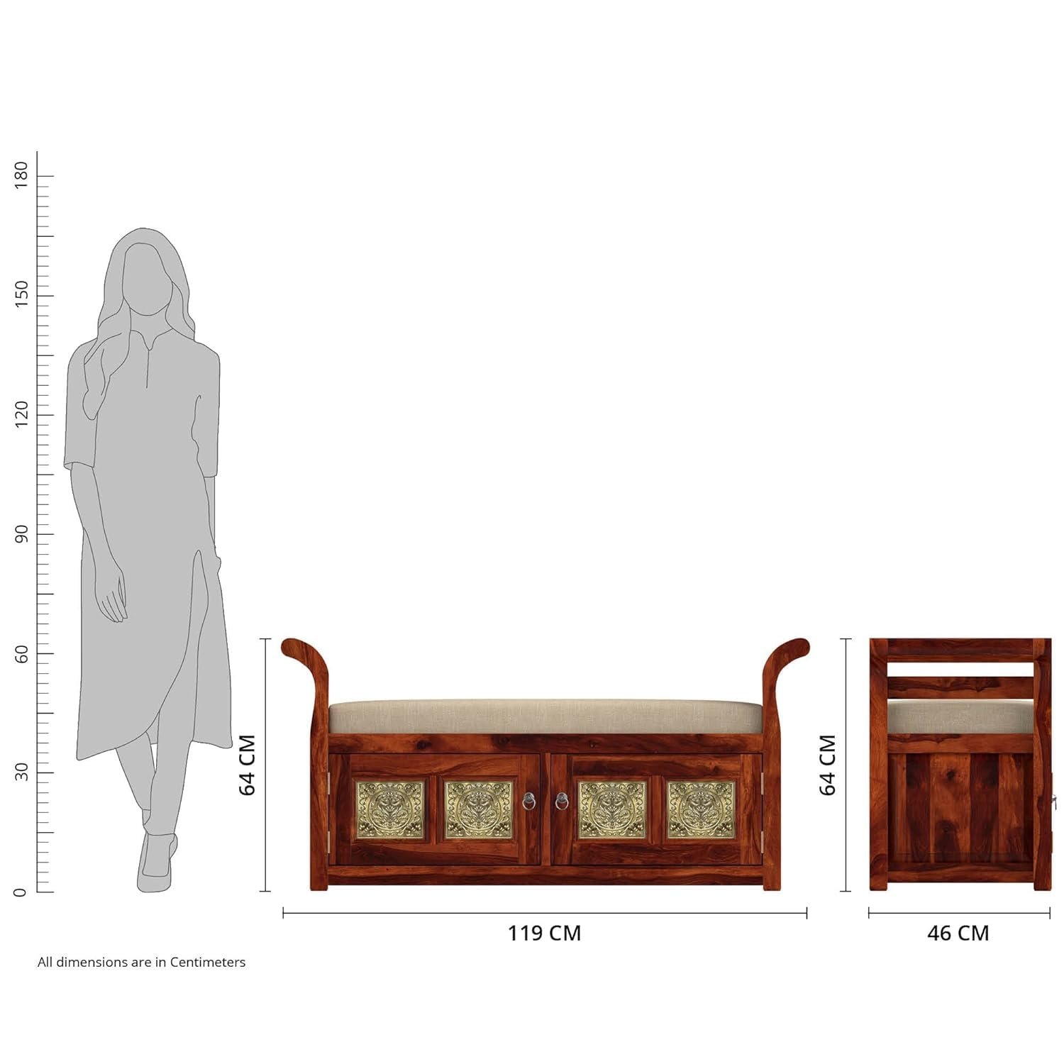 61mI-T9l9BL._SL1500_ Custom Decor Solid Sheesham Wood 2 Seater Bench for Living Room | 2 Door Cabinet Storage for Home | Armrest Bed Bench | Two Seater Sofa Couch | Bed Benches | 4 Golden Tiles | Already Assembled - Image 3