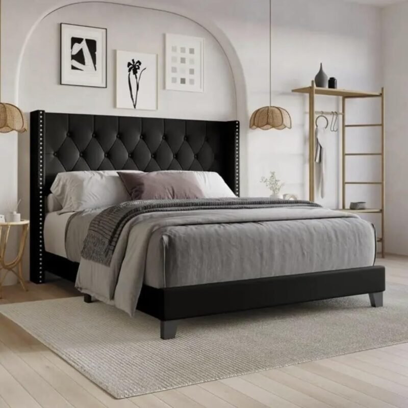 Custom Decor Fabric Upholstered King Size Bed with Button Tufted Headboard for Bedroom || Solid Wood Bed | (Black Waylen, King (U.K. Standard))