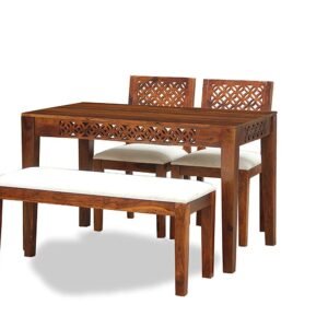 Custom Decor Sheesham Wood Folding Dining Table for Living Room with 2 Chairs and 1 Bench | Provincial Teak Finish