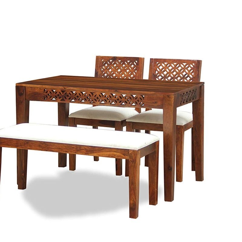 Custom Decor Sheesham Wood Folding Dining Table for Living Room with 2 Chairs and 1 Bench | Provincial Teak Finish